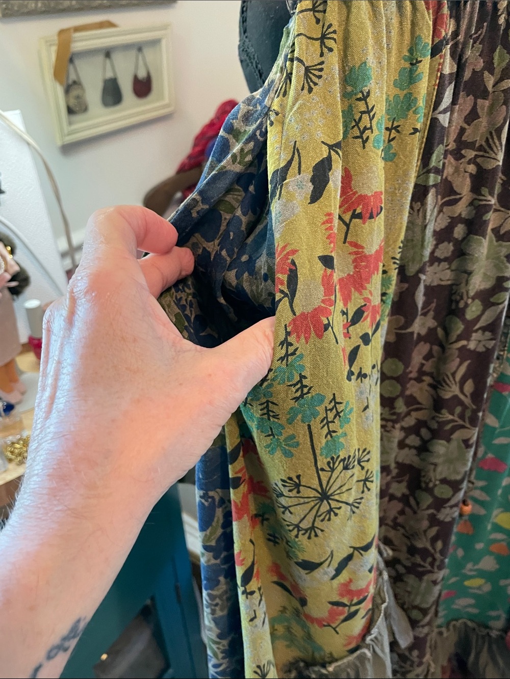 PatchworkBoho  Floral Ruffle Maxi Skirt - Teal/Brown. Young Threads - Picture 6 of 14